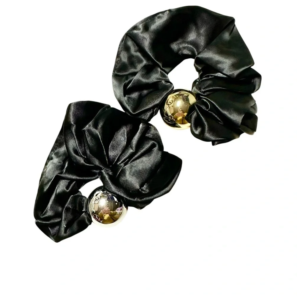 Luxurious Black Satin Hair Scrunchies with Gold Details